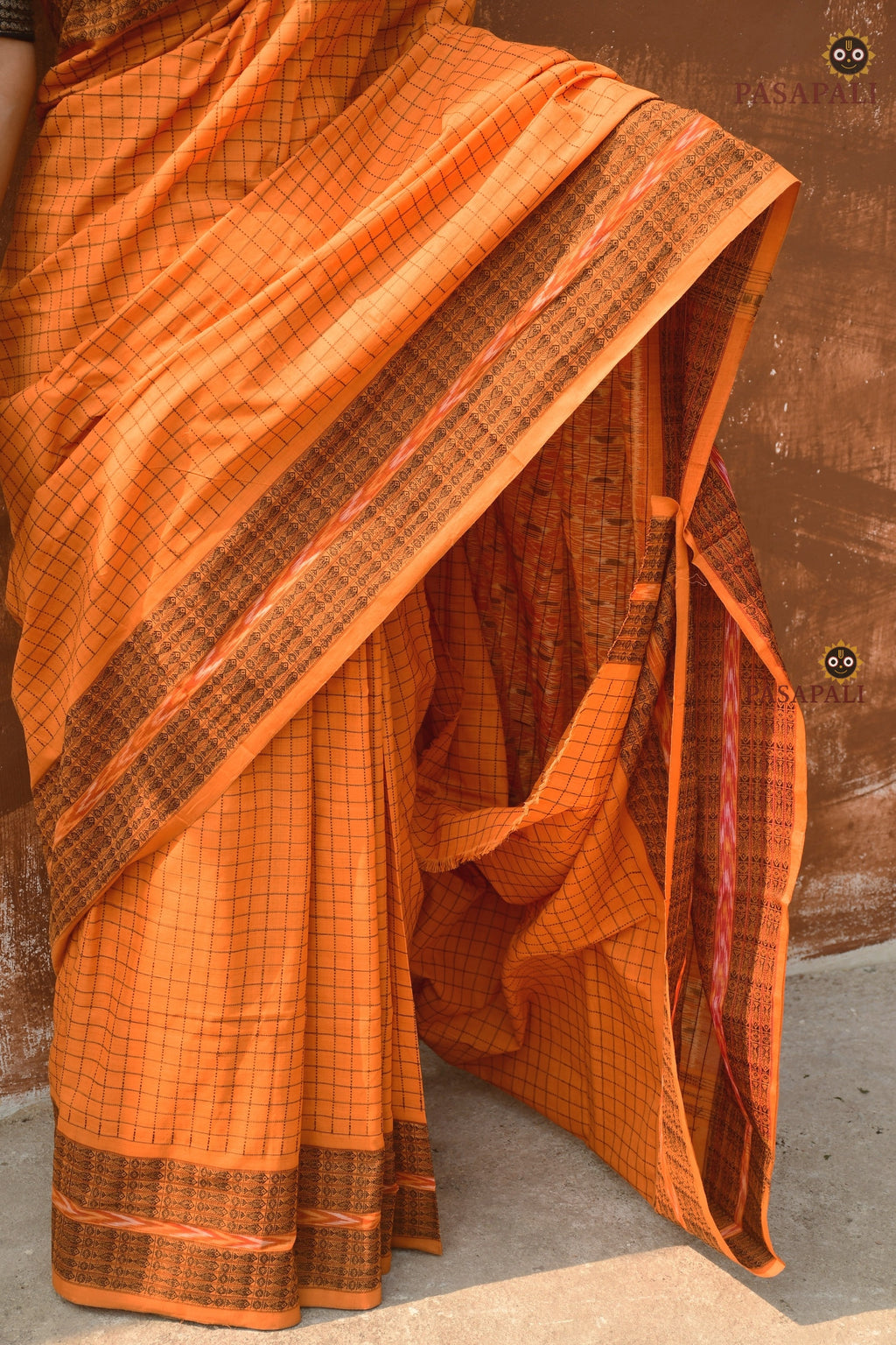 Kanakrekha handloom saree draped view — Sambalpuri cotton, fish border, Pasapali collection