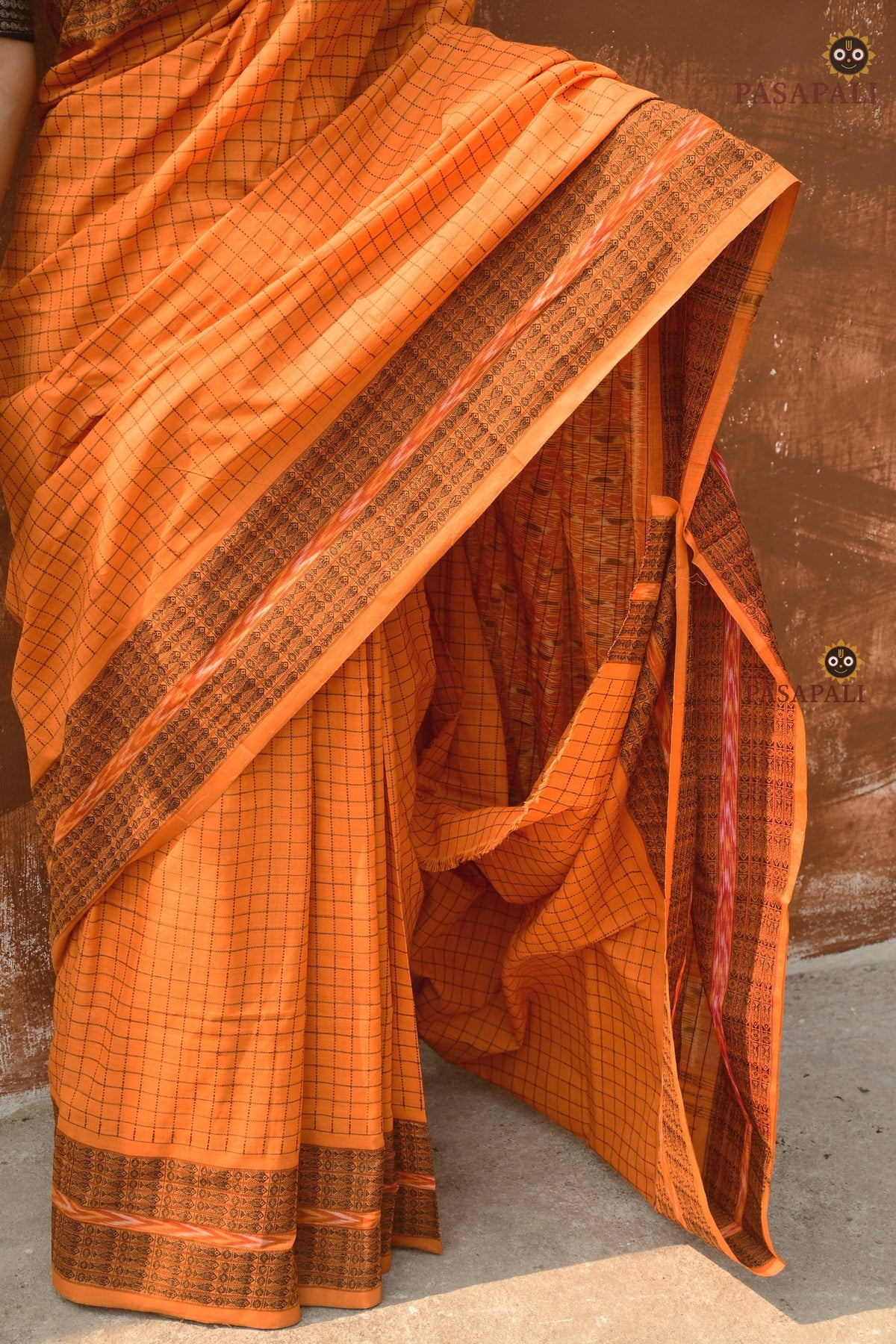 Kanakrekha handloom saree draped view — Sambalpuri cotton, fish border, Pasapali collection