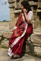 Kanan Maroon Kotpad natural dye saree flat lay — 5.40m length, tribal motifs, Mirgan weavers, Pasapali