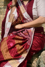 Kanan Kotpad tribal saree border motif — raised kumbha temple border, extra-weft interlocking, maroon ground