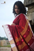 Kanan Maroon Kotpad Tussar Cotton Silk saree front drape — macha pharsa body motifs, off-white border, Pasapali