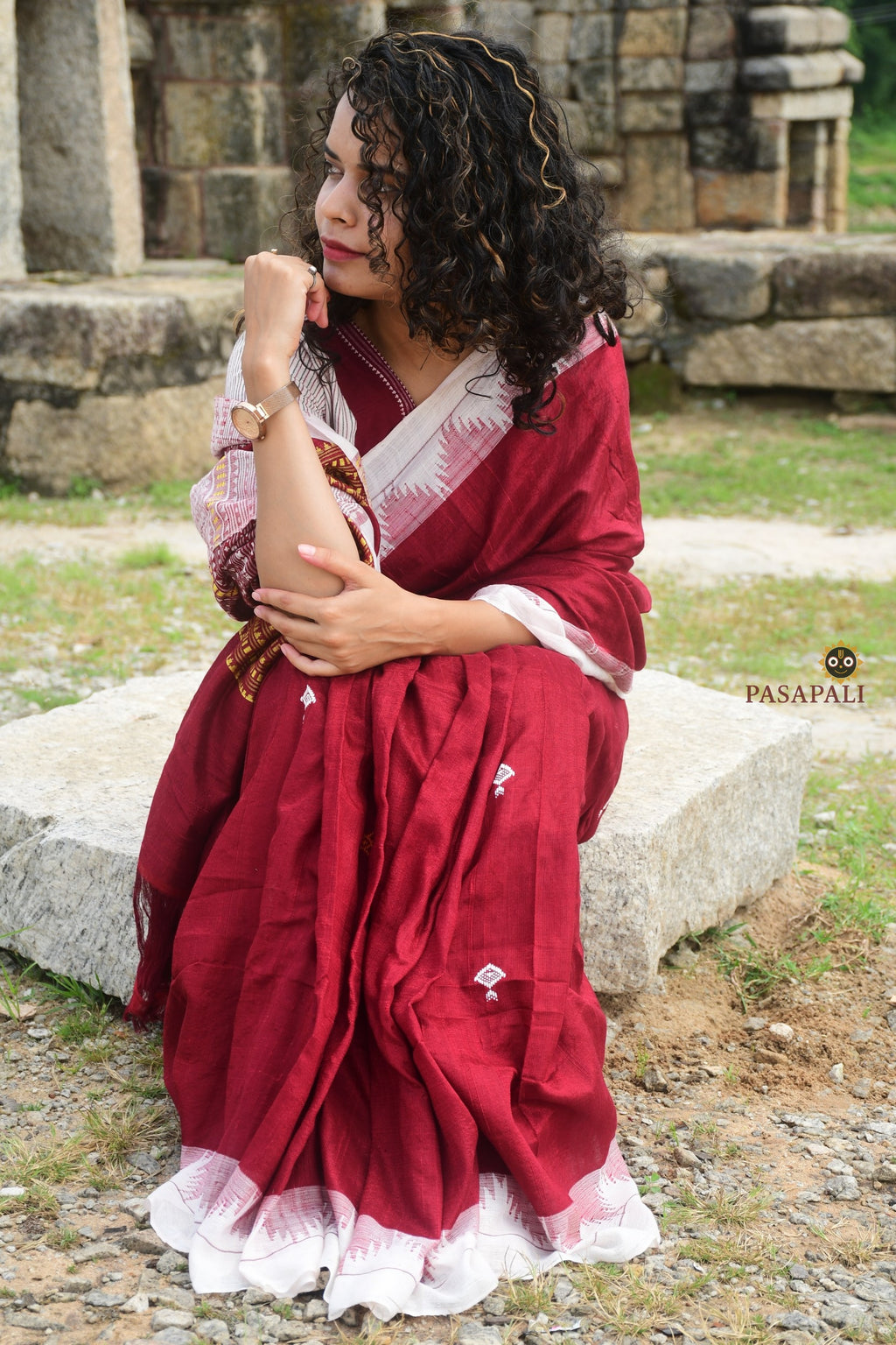 Kanan Kotpad saree pallu detail — macha fish pharsa axe tribal motifs, extra-weft weaving, aal bark dye