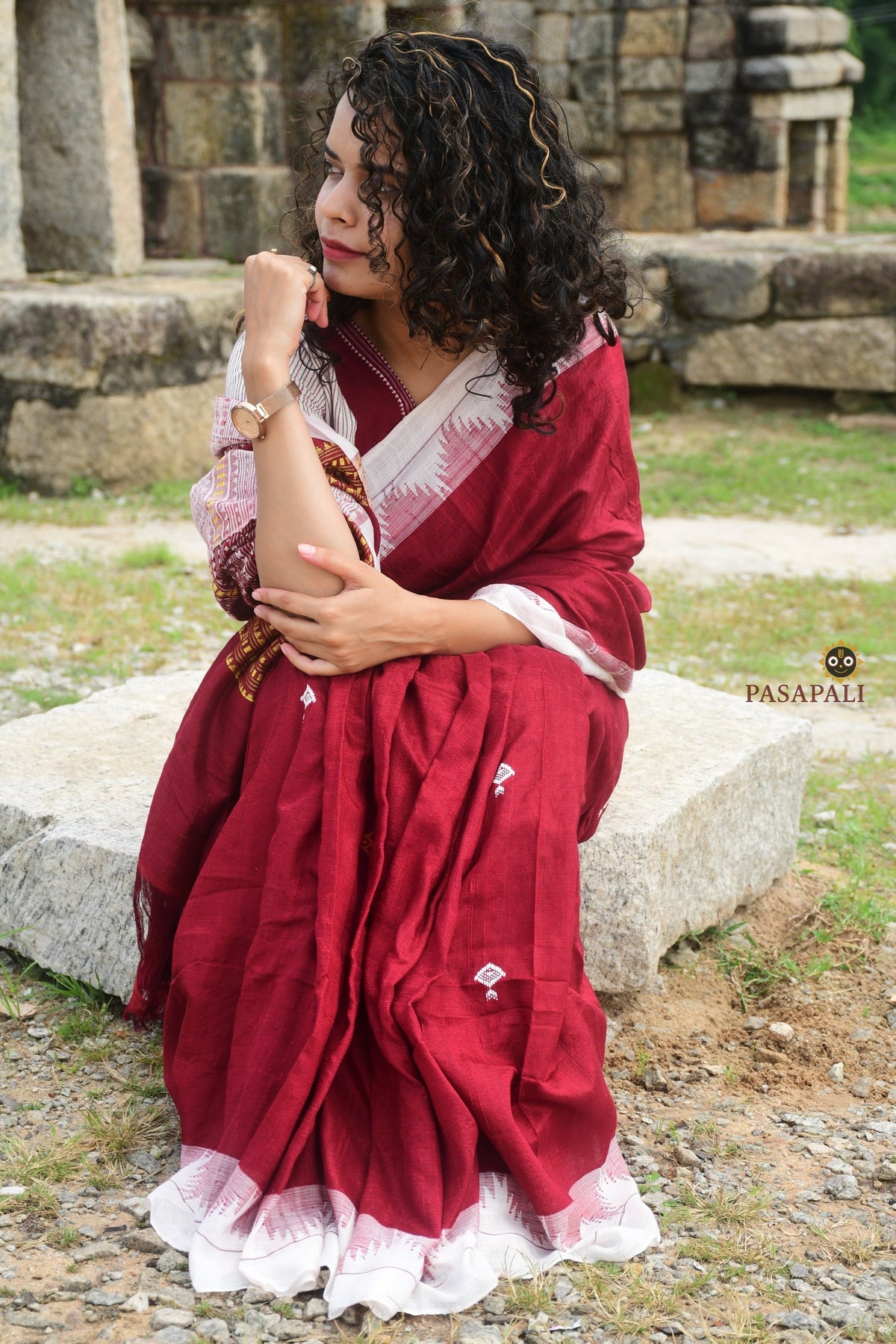 Kanan Kotpad saree pallu detail — macha fish pharsa axe tribal motifs, extra-weft weaving, aal bark dye