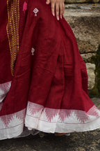 Kanan natural dyed Kotpad saree folded — Tussar Cotton Silk, maroon off-white, Mirgan tribal weavers Odisha