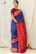 Kaumudi Blue Sambalpuri Bandha mercerized cotton saree by Pasapali — full hero view with chevron body and fish motif border