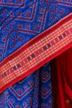 Load image into Gallery viewer, Hero view of Kaumudi Sambalpuri Handloom cotton saree by Pasapali in blue with red fish motif border and floral pallu
