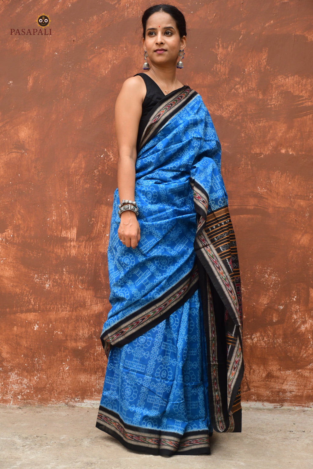 Kaushalya Blue Sambalpuri Bandha mercerized cotton saree by Pasapali — full hero view with Laxmi yantra pallu and ikat border