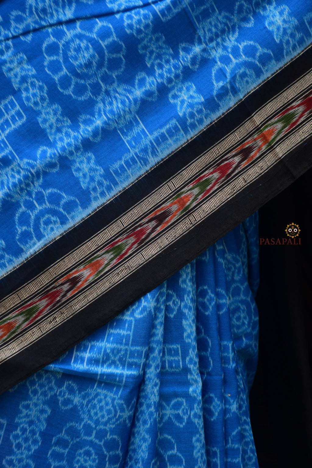 Close-up of Kaushalya border — Black ikat stripes and Bandha patterns in Blue Sambalpuri handloom mercerized cotton, Pasapali