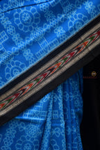 Close-up of Kaushalya border — Black ikat stripes and Bandha patterns in Blue Sambalpuri handloom mercerized cotton, Pasapali
