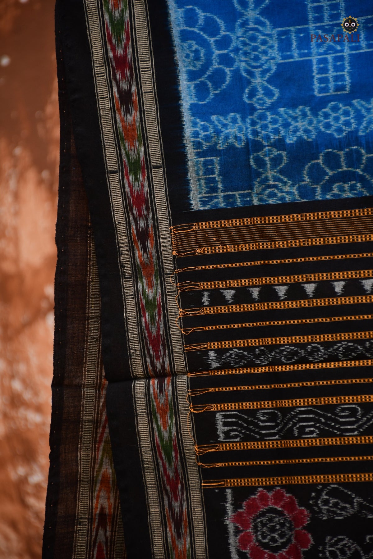 Handloom drape view of Kaushalya — GI certified Sambalpuri cotton saree in Blue with Laxmi pada pallu, Pasapali