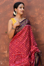 Load image into Gallery viewer, Konark Chakrika — folded saree showing maroon and brown tones, Sambalpuri Bandha handloom cotton, Pasapali
