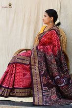 Load image into Gallery viewer, Konark Chakrika — handloom drape view, Sambalpuri cotton saree with temple and chakra motifs, Pasapali Odisha
