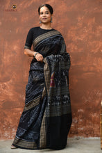 Load image into Gallery viewer, Handloom drape view of Krishnakali Sambalpuri cotton saree — black mercerized cotton with tribal motifs, Pasapali
