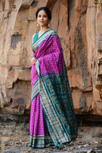 Load image into Gallery viewer, Flat lay of Kumudini Sambalpuri cotton saree — full length showing body, fish border, and Plula pallu, Pasapali.
