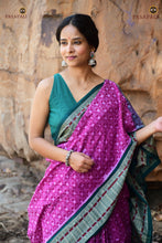 Load image into Gallery viewer, Kumudini Sambalpuri Bandha saree — front drape view in Purple Pink mercerized cotton with green accents. Pasapali.
