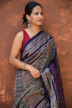 Load image into Gallery viewer, Kusumalata pallu detail — floral ikat motifs woven using Bandhakala technique, grey ground with rust and blue accents, Pasapali
