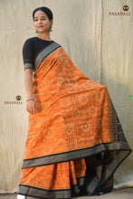Load image into Gallery viewer, Kusumita mustard yellow Sambalpuri Bandha cotton saree — full flat lay showing body, border and pallu, Pasapali
