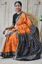 Load image into Gallery viewer, Kusumita front drape detail — Phula jala all-over motif on mustard yellow Sambalpuri cotton saree, Pasapali
