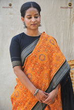 Load image into Gallery viewer, Black pallu with traditional floral ikat motifs — Kusumita Sambalpuri Bandha saree, Pasapali, Odisha handloom

