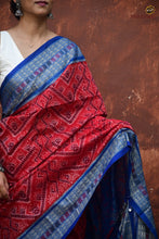 Load image into Gallery viewer, Kusumita Pasapali Sambalpuri saree — overhead hero flat lay showing chevron buta body and flower pallu in red
