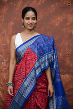 Load image into Gallery viewer, Kusumita Sambalpuri cotton saree — body detail of flower butas in horizontal chevron ikat pattern by Bhulia weavers
