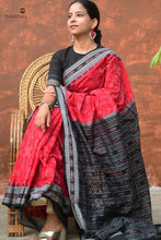 Load image into Gallery viewer, Lakshmiyantra folded saree — red and black Sambalpuri cotton Bandha saree by Pasapali Odisha
