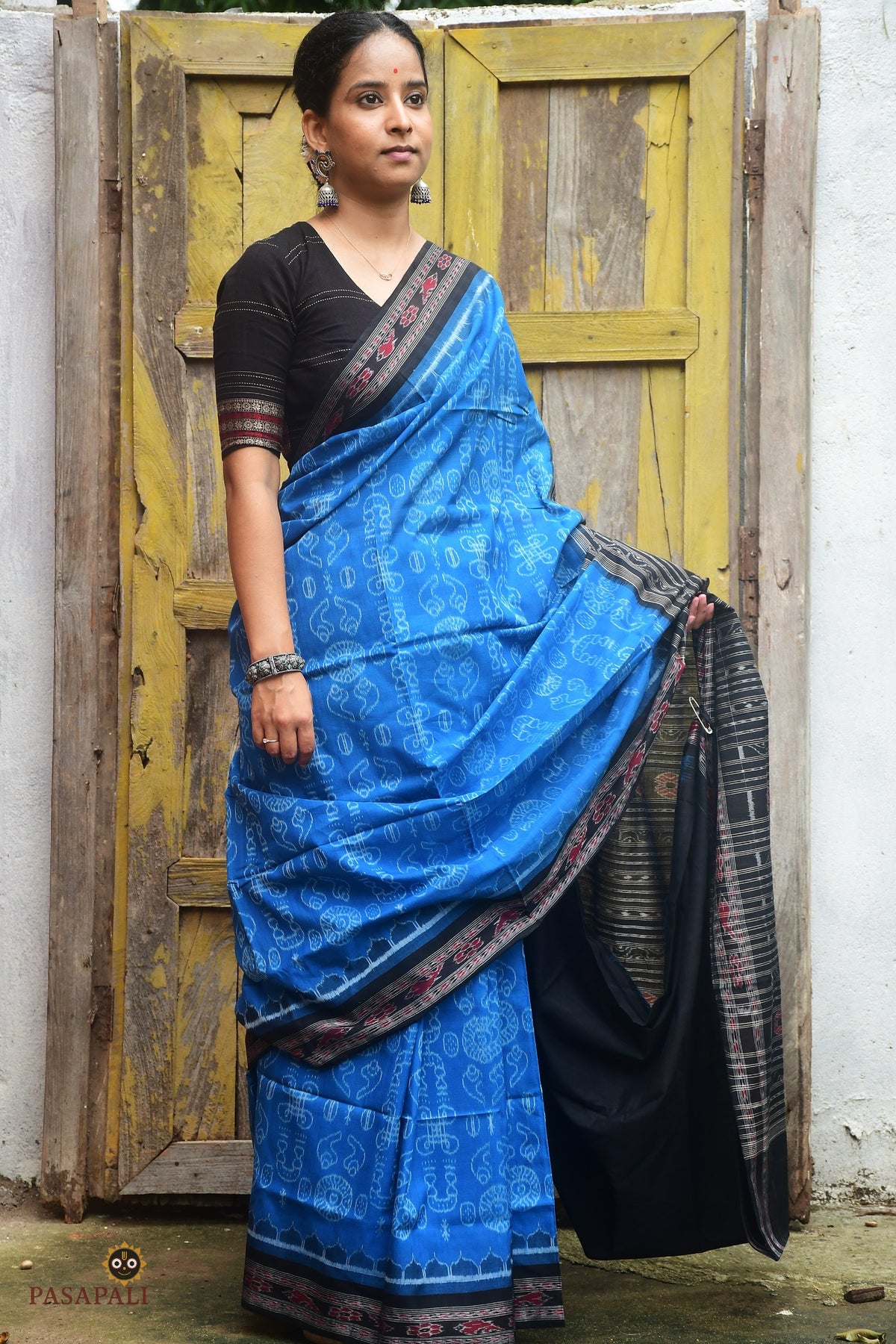 Laxmi Goddess Lakshmi Inspired blue Sambalpuri Bandha mercerized cotton saree by Pasapali — full hero view