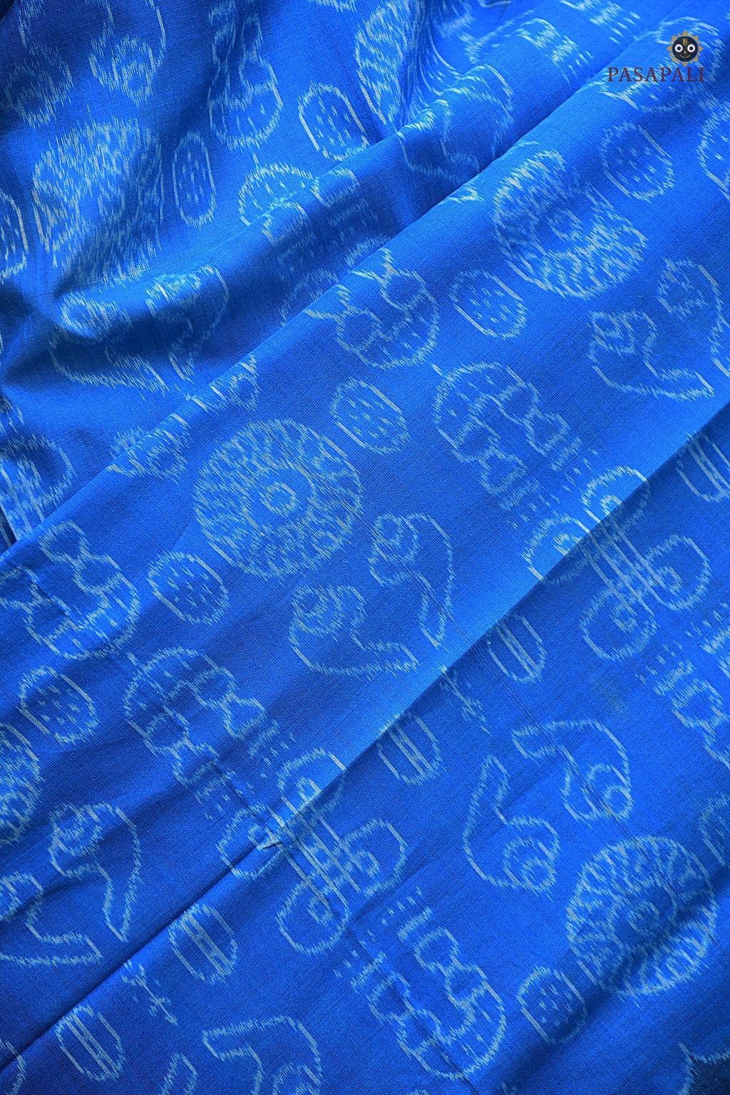 Handloom drape view of Laxmi blue Sambalpuri Bandha saree with Lakshmi yantra motif — Pasapali Odisha