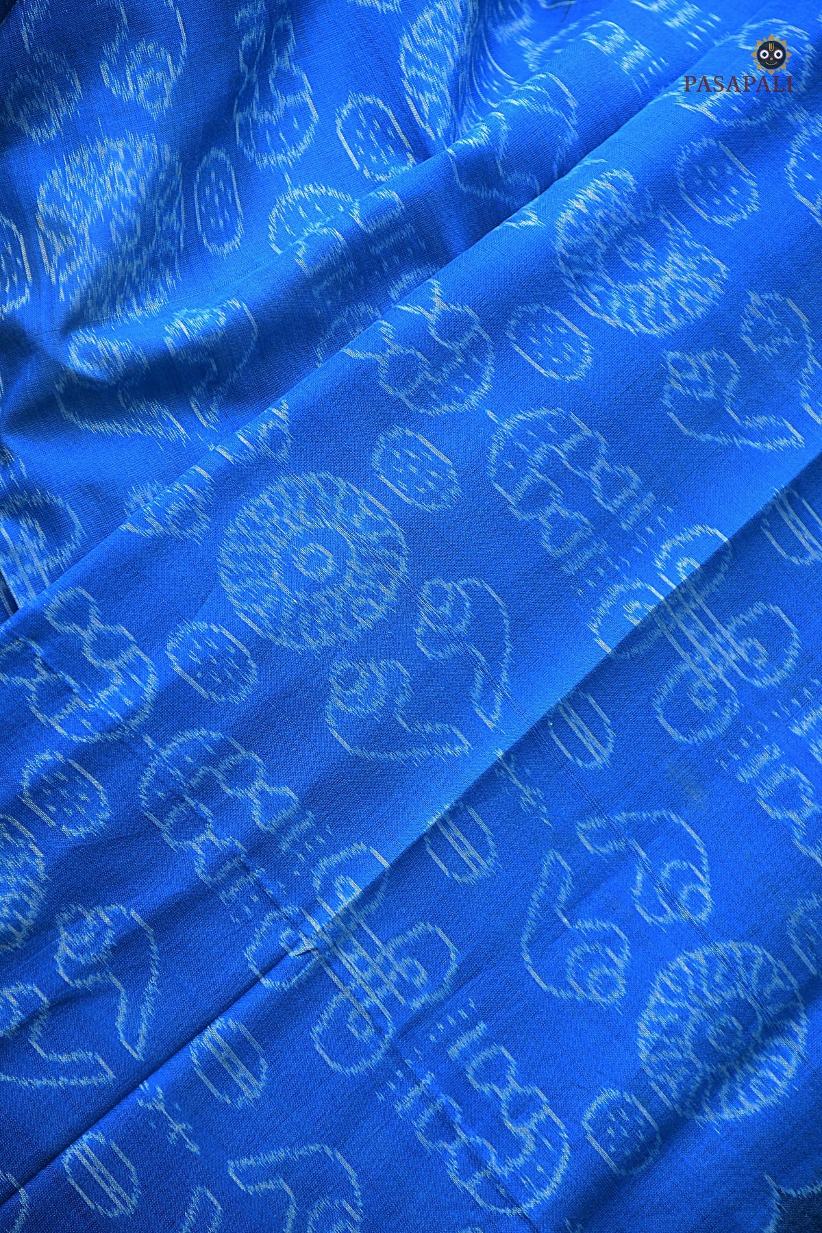 Handloom drape view of Laxmi blue Sambalpuri Bandha saree with Lakshmi yantra motif — Pasapali Odisha