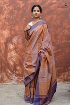 Lekhika light brown Sambalpuri Bandha cotton saree — full hero view, geometric ikat checks, navy blue, Pasapali