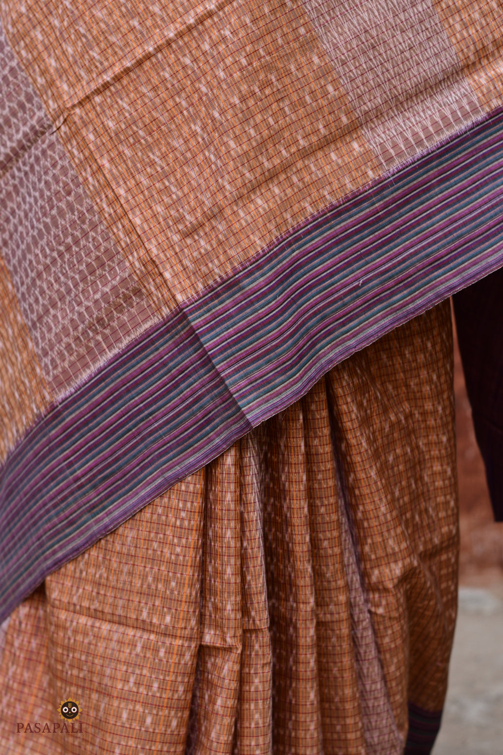 Lekhika Sambalpuri cotton saree flat lay — full length 5.40m, light brown navy blue ikat checks, Pasapali handloom