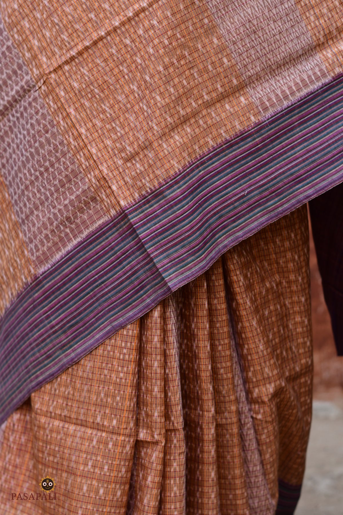 Lekhika Sambalpuri cotton saree flat lay — full length 5.40m, light brown navy blue ikat checks, Pasapali handloom