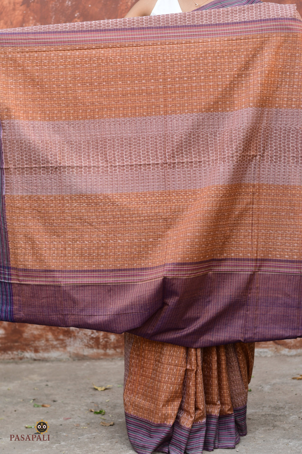 Lekhika Sambalpuri Bandha saree overhead full view — geometric check body, stripe border, mercerized cotton, Pasapali