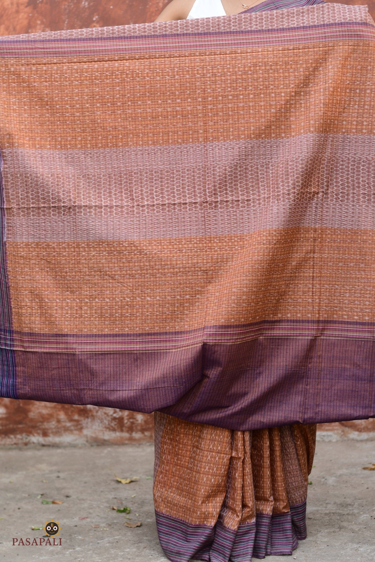 Lekhika Sambalpuri Bandha saree overhead full view — geometric check body, stripe border, mercerized cotton, Pasapali