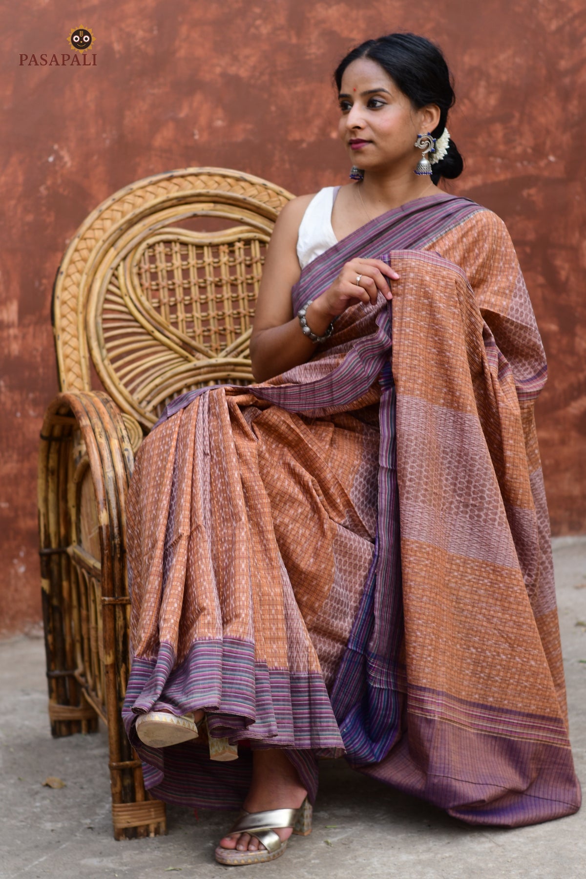 Lekhika ikat saree Odisha front drape — Bandhakala technique, light brown and navy blue checks, Pasapali collection
