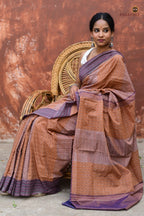 Lekhika GI certified Sambalpuri Bandha cotton saree folded — light brown and navy blue geometric ikat, Pasapali
