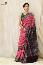 Load image into Gallery viewer, Lilavati pink Sambalpuri cotton saree front drape — geometric diamond body with fish and lotus motifs
