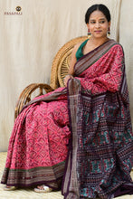 Load image into Gallery viewer, Lilavati pink Sambalpuri handloom saree draped view — rudraksha border and Jhoti pallu visible
