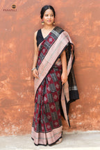 Lopamudra — full view of maroon Sambalpuri Bandha mercerized cotton saree by Pasapali with geometric ikat body