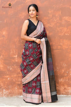 Lopamudra — front drape of maroon Sambalpuri cotton saree showing diamond butas and black border by Pasapali