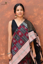 Lopamudra — body weave detail of diamond butas on maroon Sambalpuri Bandha mercerized cotton saree, Pasapali