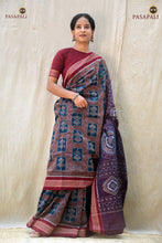 Load image into Gallery viewer, Handloom drape view of Madhavi Sambalpuri cotton saree in brown and maroon — Bandhakala double ikat — Pasapali
