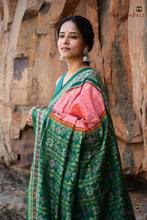 Load image into Gallery viewer, Madhujaal Peach Sambalpuri Bandha mercerized cotton saree full view — jala ikat body, fish border, flower pallu | Pasapali
