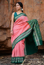 Load image into Gallery viewer, Madhujaal Peach Sambalpuri handloom saree folded view — fish border and flower pallu edge visible | Pasapali
