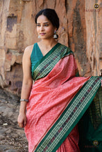 Load image into Gallery viewer, Madhujaal Sambalpuri cotton saree handloom drape view — peach and green Bandha ikat in natural light | Pasapali
