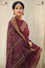 Load image into Gallery viewer, Mahalakshmi Sambalpuri cotton saree draped front — Bandhakala double ikat technique, maroon, Pasapali

