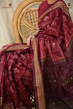 Load image into Gallery viewer, Lotus motif detail on Mahalakshmi — ikat Bandha saree Odisha, maroon mercerized cotton, Pasapali
