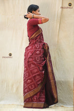 Load image into Gallery viewer, Mahalakshmi maroon Sambalpuri cotton saree front drape — Bandha double ikat mercerized cotton, Pasapali

