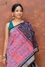 Load image into Gallery viewer, Flat lay of Maitreyi Pink Sambalpuri cotton saree — full length 5.40 metres, fish border, phula chakra pallu | Pasapali
