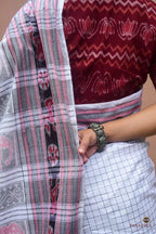 Malini white Sachipar Sambalpuri cotton saree by Pasapali — full hero view, danti body, khajur border, ikat pallu